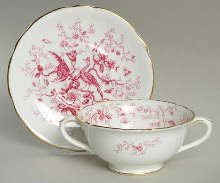 Cairo Pink On White (Not Raised, Gold) Footed Cream Soup Bowl & Saucer Set