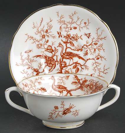 Cairo Rust On White (Not Raised, Gold) Footed Cream Soup Bowl & Saucer Set