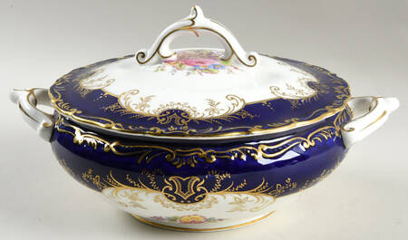 Sandringham Cobalt Blue (Floral, Gold Trim) Round Covered Vegetable