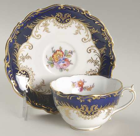 Sandringham Cobalt Blue (Floral, Gold Trim) Flat Cup & Saucer Set