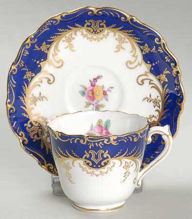 Sandringham Cobalt Blue (Floral, Gold Trim) Footed Demitasse Cup & Saucer Set
