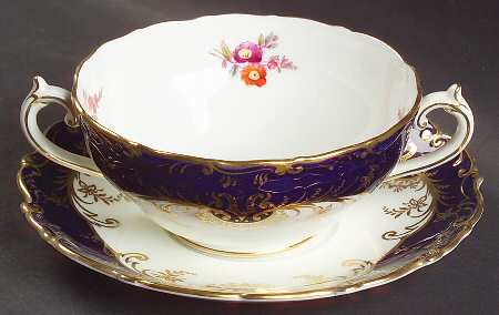 Sandringham Cobalt Blue (Floral, Gold Trim) Footed Cream Soup Bowl & Saucer Set
