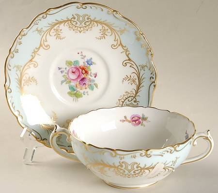 Sandringham Light Blue (Gold Trim) Footed Cream Soup Bowl & Saucer Set