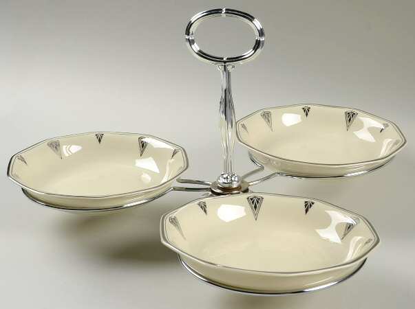 Deauville (Cream, 10 Sided) 7" x 12" 3-Part Relish & Metal Stand (FR) HC