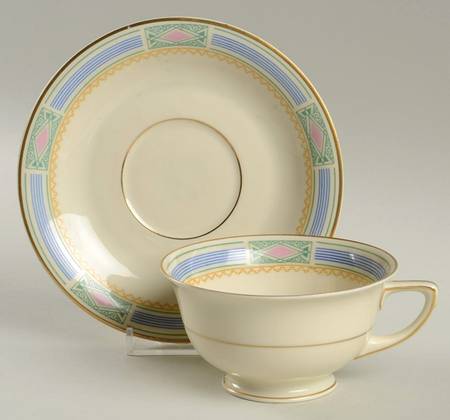 Noblesse (Geometric Design with Blue Lines) Footed Cup & Saucer Set