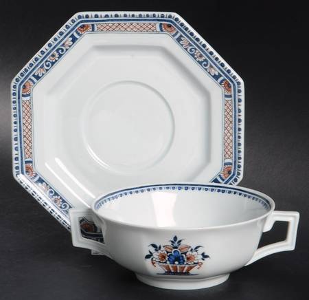 Vieux Rouen XVIII Footed Cream Soup Bowl & Saucer Set