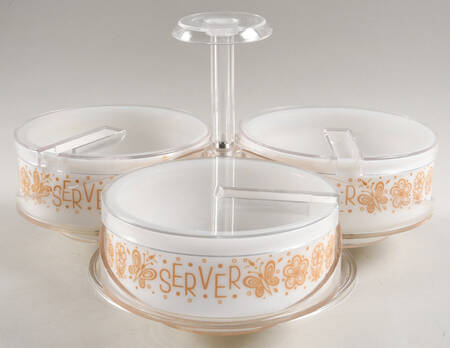 Butterfly Gold (Corelle) 3 Part Lazy Susan W/3 Glassware Bowls/Plastic Tops