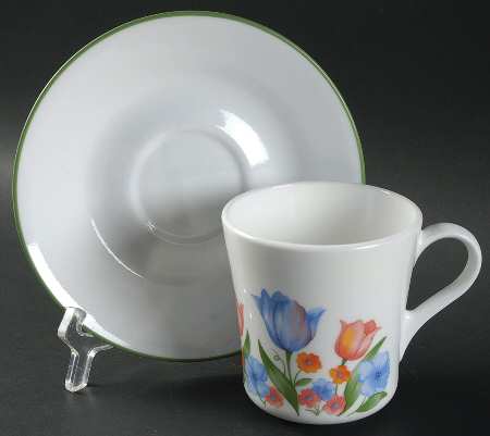 Fresh Cut (Green Trim, Corelle) Flat Cup & Saucer Set