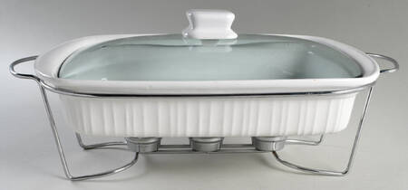 French White 13" Rectangular Roaster W/Lid & Metal Stand