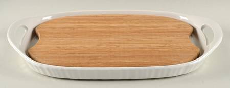 French White 16" Oval Platter & Wood Insert