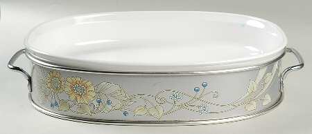 French White 12" Oval Baker with Metal Stand