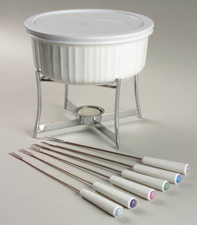 French White 10 Pc Fondue (Pot, 6 Forks,Stand,Burner,Pls Lid)