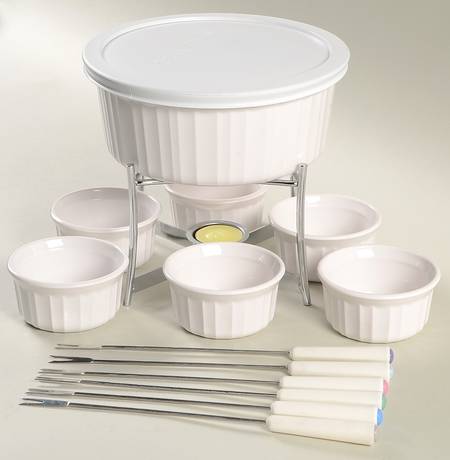 French White Fondue 16 Piece (Pot, Forks, Stand & Ramekins)