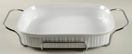 French White 14" Rectangular Roaster W/Metal Stand