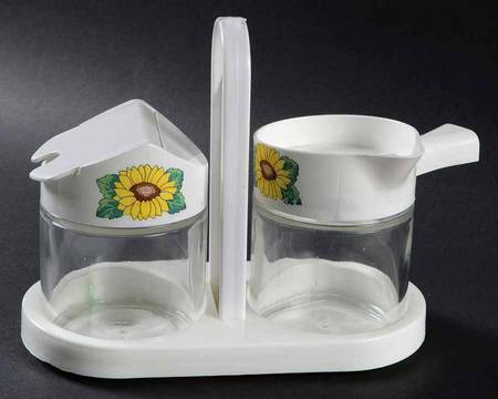 Sunsations (Corelle) Glass Creamer & Sugar w/Plastic Lids & Tray