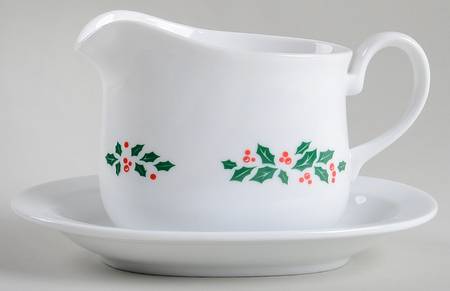 Winter Holly (Green Band, Corelle) Gravy Boat & Underplate