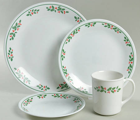 Winter Holly (Green Band, Corelle) 4 Piece Place Setting