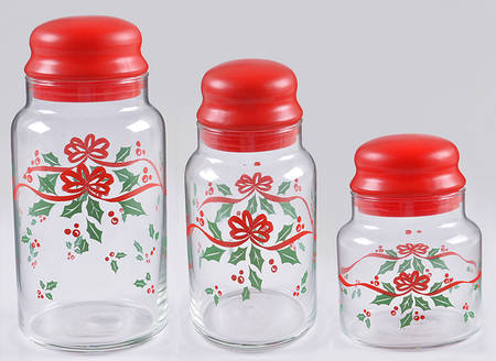 Winter Holly (Green Band, Corelle) (3 Piece) Glassware Canister Set