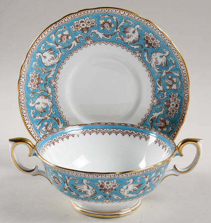 Ellesmere (Turquoise, Gold Trim) Footed Cream Soup Bowl & Saucer Set