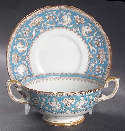 Ellesmere Turquoise and Beige (Tan Trim) Footed Cream Soup Bowl & Saucer Set