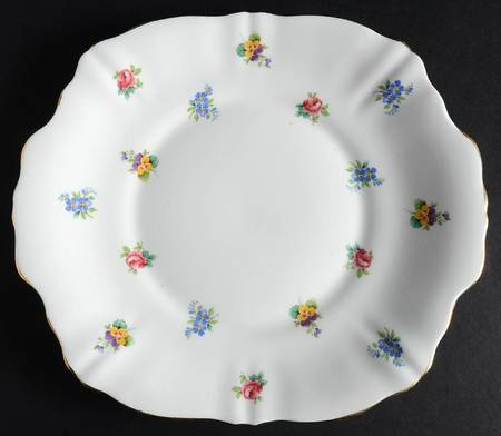 Floral Bouquet (Scalloped, Gold Trim) Handled Cake Plate