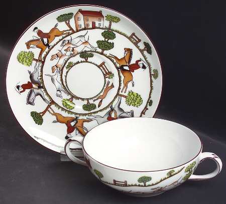 Hunting Scene Flat Cream Soup Bowl & Saucer Set