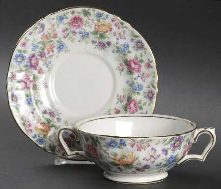 Springtime (Scalloped, Embossed) Footed Cream Soup Bowl & Saucer Set