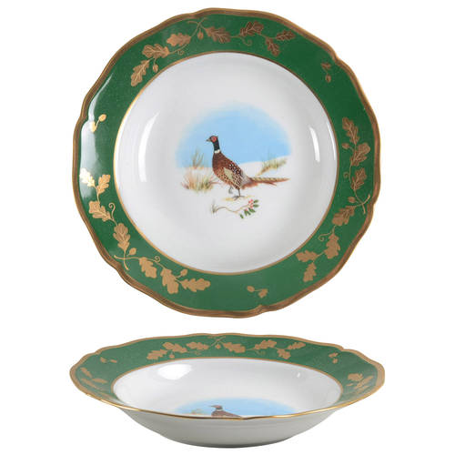 Winter Game Birds Green Large Rim Soup Bowl