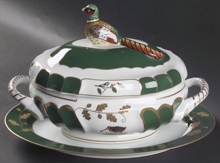 Winter Game Birds Green Tureen & Lid w/Underplate