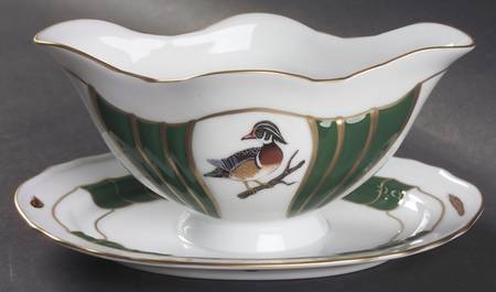 Winter Game Birds Green Gravy Boat with Attached Underplate