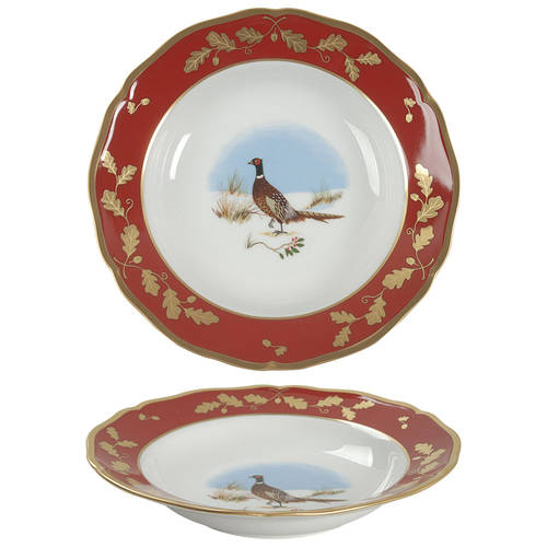 Winter Game Birds Red Large Rim Soup Bowl