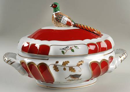 Winter Game Birds Red Oval Tureen & Lid