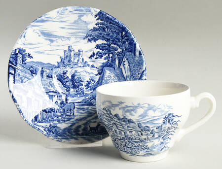 English Village Blue Flat Cup & Saucer Set