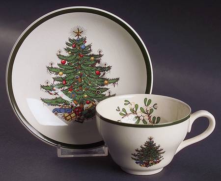 Christmas Tree (Wide Green Band) Footed Cup & Saucer Set