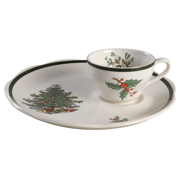 Christmas Tree (Wide Green Band) Snack Plate & Cup Set