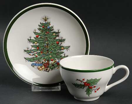 Christmas Tree (Wide Green Band) Footed Cup & Saucer Set