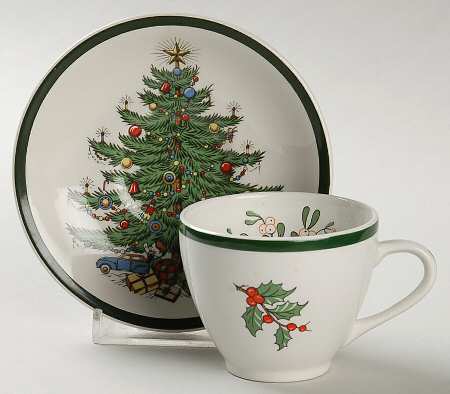 Christmas Tree (Wide Green Band) Flat Demitasse Cup & Saucer Set