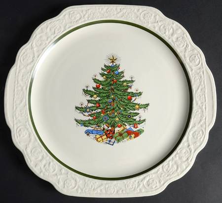 Dickens Embossed Christmas (Cream) Handled Cake Plate