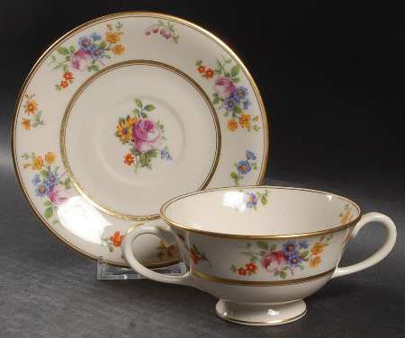 Floral Bouquet Footed Cream Soup Bowl & Saucer Set