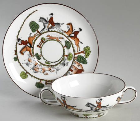 Hunting Scene Flat Cream Soup Bowl & Saucer Set