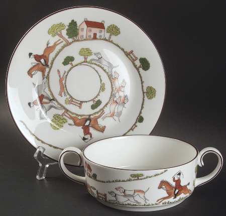 Hunting Scene Flat Cream Soup Bowl & Saucer Set