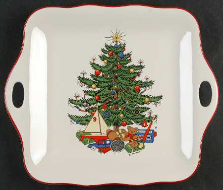 American Christmas Tree Square Handled Cake Plate