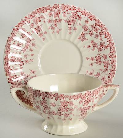 Early English Ivy Pink (Ribbed, Smooth) Flat Cream Soup Bowl & Saucer Set