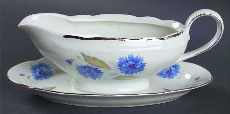 Cornflower (Platinum Trim) Gravy Boat with Attached Underplate