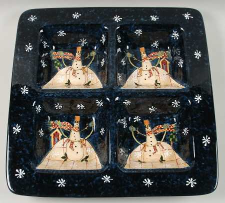 Folk Snowman (Large Flakes) Divided 4-Part Square Platter