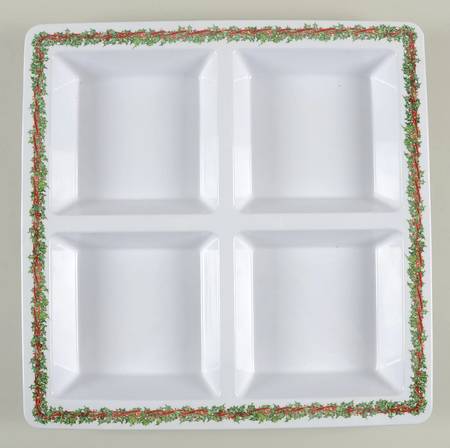 Holiday Celebrations (Green Trim) Square Melamine 4-Part Relish
