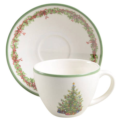 Holiday Celebrations (Green Trim) Flat Cup & Saucer Set