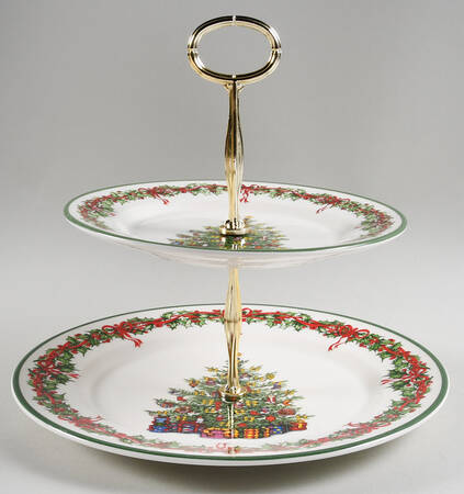 Holiday Celebrations (Green Trim) 6 5/8"-10"  2 Tiered Serving Tray (Dp, Sp) HC