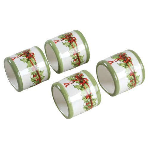 Holiday Celebrations (Green Trim) Napkin Ring - Set of 4