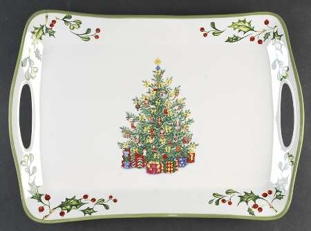 Holiday Celebrations (Green Trim) 17" Rectangular Handled Tray